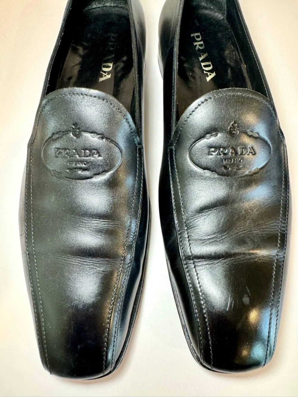 Prada Black Leather Logo Embossed Men’s Slip On Loafers, Sz 8.5